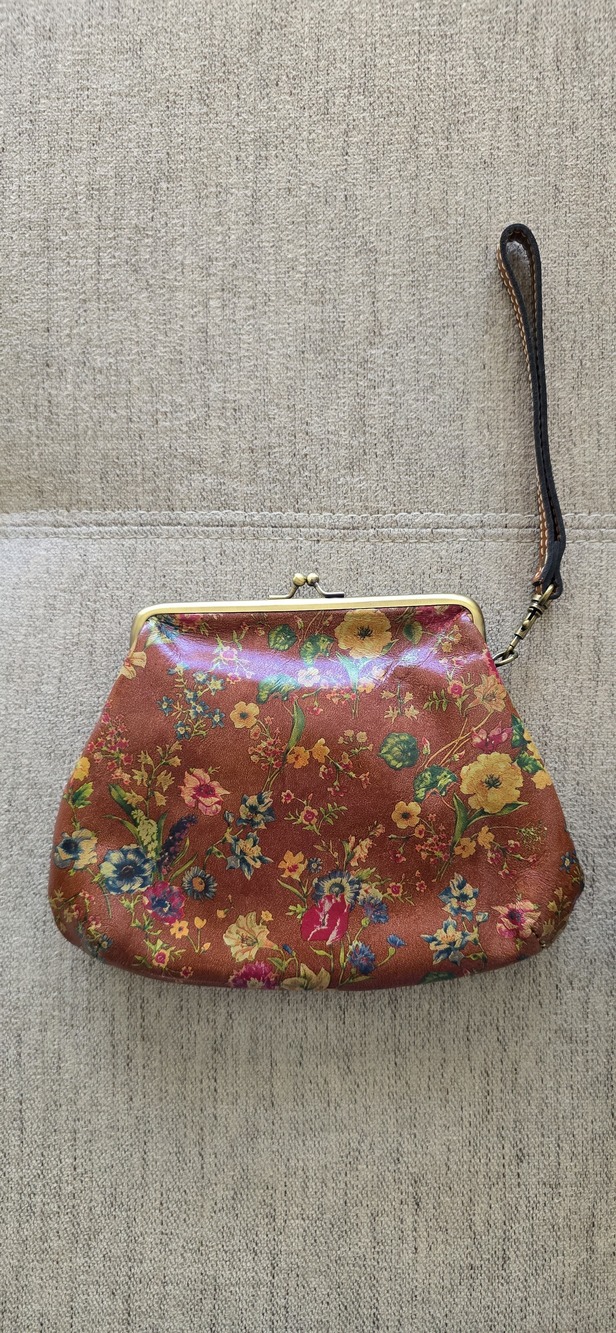 Patricia Nash Savena Floral Leather Frame Kiss Lock Wristlet Clutch Brown